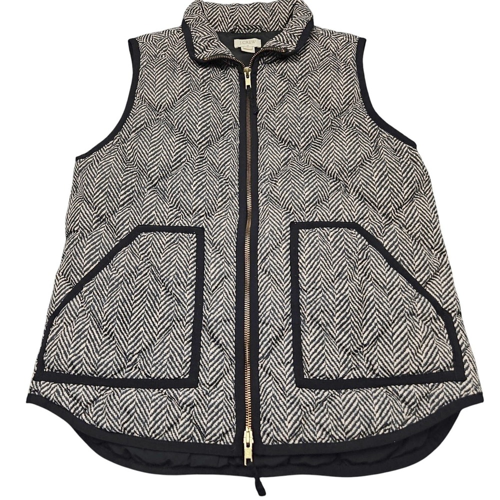 J.Crew Excursion Puffer Vest Womens Small Black White Herringbone Quilted Zip Up